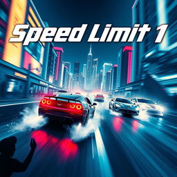 A thrilling movie poster for a film titled 'Speed Limit 1' featuring high-speed cars racing on a neon-lit urban street