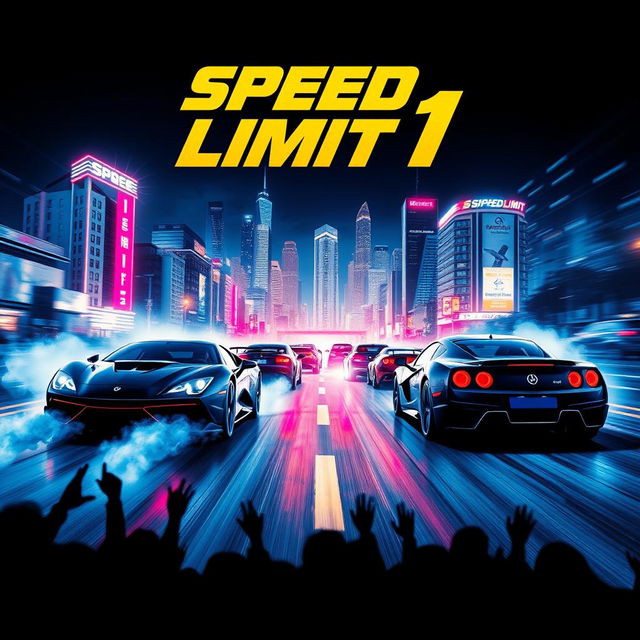 A thrilling movie poster for a film titled 'Speed Limit 1' featuring high-speed cars racing on a neon-lit urban street