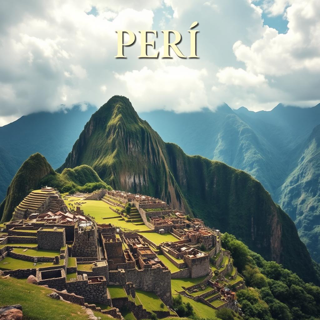 A stunning and realistic view of Machu Picchu, the ancient Incan citadel, set against the dramatic backdrop of the Andes Mountains in Peru