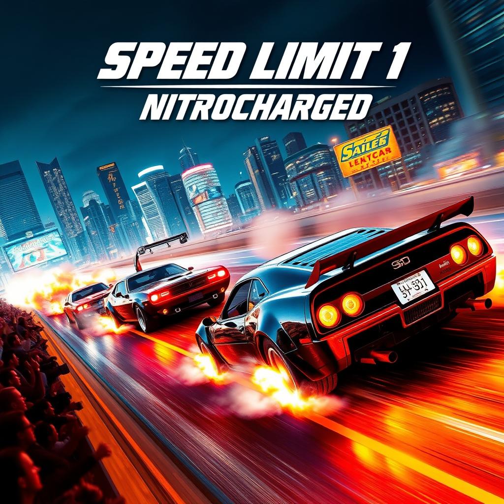 A thrilling movie poster for a film titled 'Speed Limit 1: Nitrocharged,' showcasing an intense street racing scene