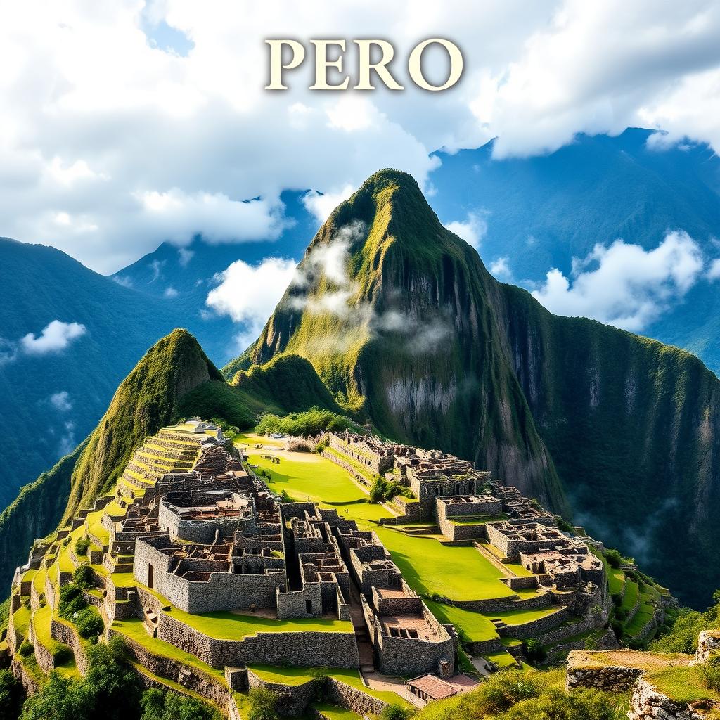 A majestic and detailed portrayal of Machu Picchu, the ancient Incan city, surrounded by the breathtaking peaks of the Andes Mountains in Peru