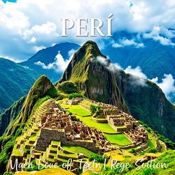 A majestic and detailed portrayal of Machu Picchu, the ancient Incan city, surrounded by the breathtaking peaks of the Andes Mountains in Peru