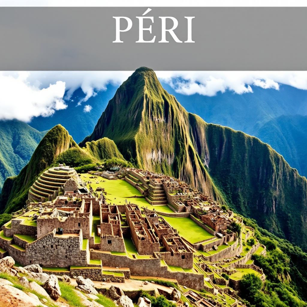 A majestic and detailed portrayal of Machu Picchu, the ancient Incan city, surrounded by the breathtaking peaks of the Andes Mountains in Peru