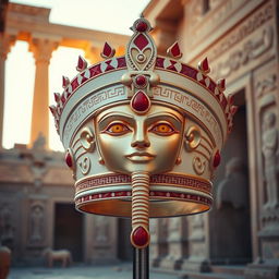 An ancient Egyptian crown, elegantly designed in white and red colors, showcasing intricate hieroglyphics and ornate details