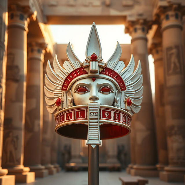 An ancient Egyptian crown, elegantly designed in white and red colors, showcasing intricate hieroglyphics and ornate details