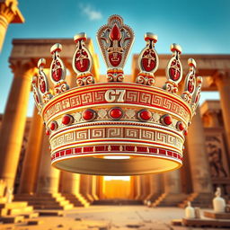 An ancient Egyptian crown, elegantly designed in white and red colors, showcasing intricate hieroglyphics and ornate details