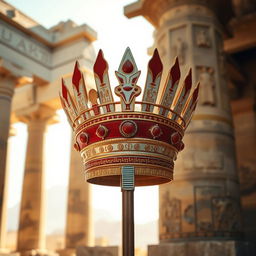 An ancient Egyptian crown, elegantly designed in white and red colors, showcasing intricate hieroglyphics and ornate details