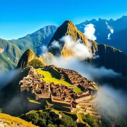 A stunning depiction of Machu Picchu, the ancient Incan citadel, set amidst the breathtaking Andes Mountains