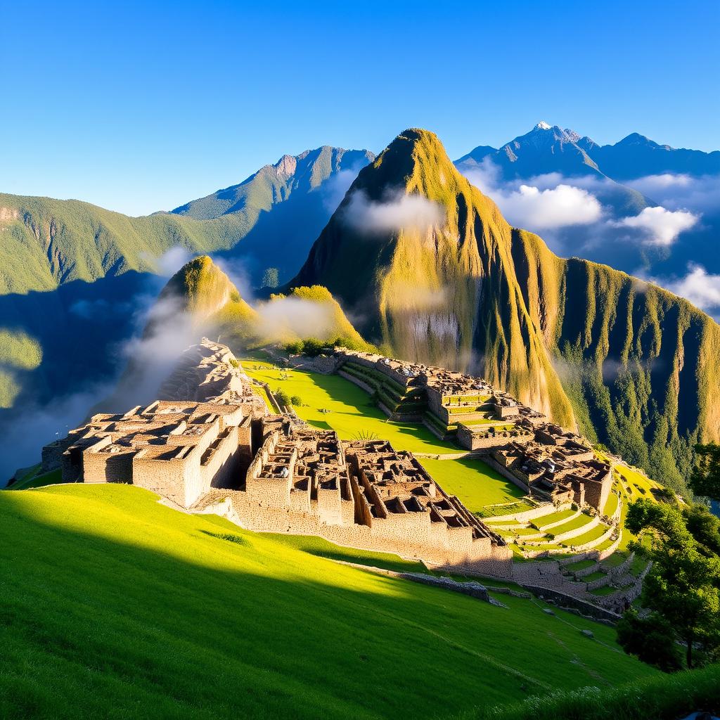 A stunning depiction of Machu Picchu, the ancient Incan citadel, set amidst the breathtaking Andes Mountains