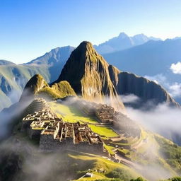 A stunning depiction of Machu Picchu, the ancient Incan citadel, set amidst the breathtaking Andes Mountains