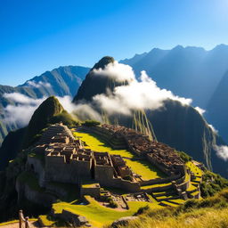 A stunning depiction of Machu Picchu, the ancient Incan citadel, set amidst the breathtaking Andes Mountains