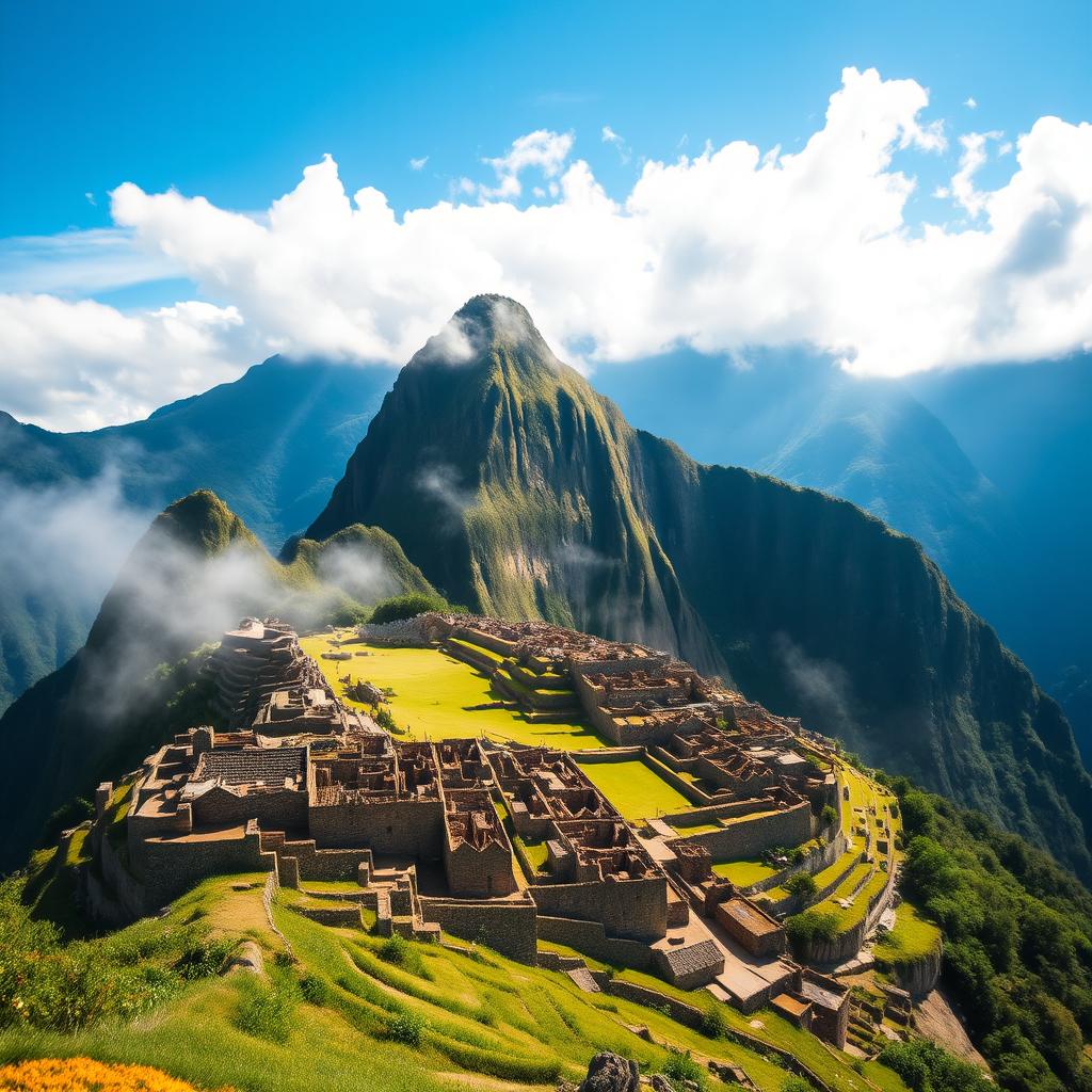 A breathtaking view of Machu Picchu, the ancient Incan citadel, majestically perched high in the Andes Mountains