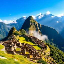 A breathtaking view of Machu Picchu, the ancient Incan citadel, majestically perched high in the Andes Mountains