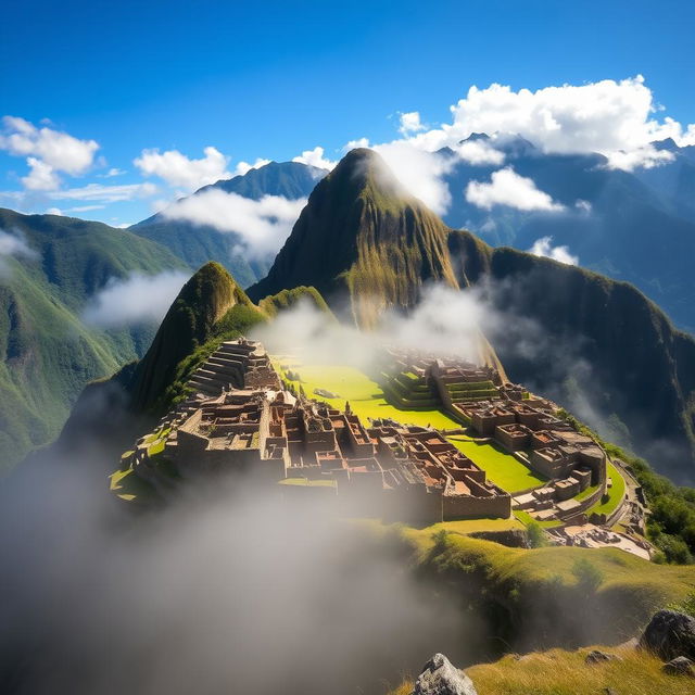 A breathtaking view of Machu Picchu, the ancient Incan citadel, majestically perched high in the Andes Mountains