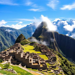 A breathtaking view of Machu Picchu, the ancient Incan citadel, majestically perched high in the Andes Mountains