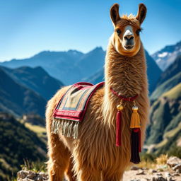 A majestic real llama standing proudly in the Andean landscape, with its thick, textured fur glistening in the sunlight