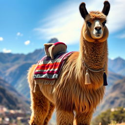 A majestic real llama standing proudly in the Andean landscape, with its thick, textured fur glistening in the sunlight