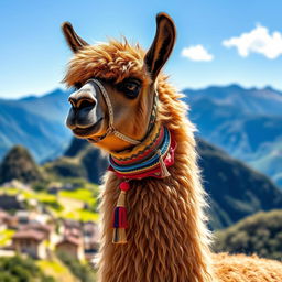 A majestic real llama standing proudly in the Andean landscape, with its thick, textured fur glistening in the sunlight