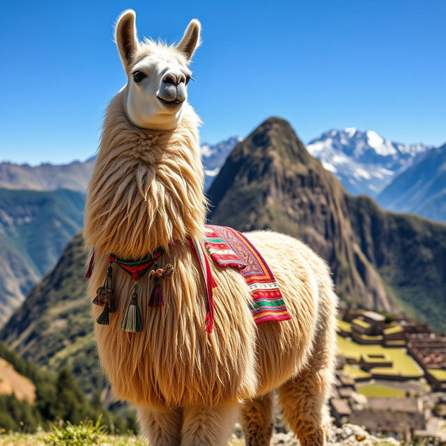 A majestic real llama standing proudly in the Andean landscape, with its thick, textured fur glistening in the sunlight