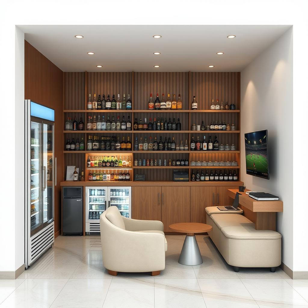 A minimalist liquor store with sleek, modern design, efficiently utilizing a compact 16 square meter space