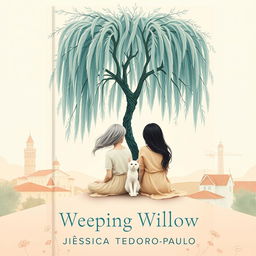 A minimalistic and surreal book cover titled 'Weeping Willow' by author Jéssica Teodoro-Paulo, featuring a central weeping willow tree with gracefully flowing branches