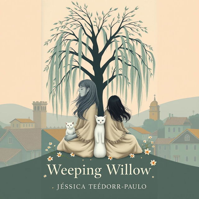 A minimalistic and surreal book cover titled 'Weeping Willow' by author Jéssica Teodoro-Paulo, featuring a central weeping willow tree with gracefully flowing branches