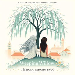 A minimalistic and surreal book cover titled 'Weeping Willow' by author Jéssica Teodoro-Paulo, featuring a central weeping willow tree with gracefully flowing branches