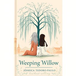 A minimalistic and surreal book cover titled 'Weeping Willow' by author Jéssica Teodoro-Paulo, featuring a central weeping willow tree with gracefully flowing branches