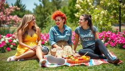 A vibrant and lively scene featuring three fashionable young women with distinct styles, laughing and enjoying a sunny day at a park