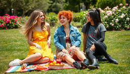 A vibrant and lively scene featuring three fashionable young women with distinct styles, laughing and enjoying a sunny day at a park