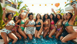 A dynamic and vibrant party scene featuring a diverse group of confident, attractive women of various ethnicities enjoying themselves at a lavish pool side