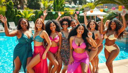 A dynamic and vibrant party scene featuring a diverse group of confident, attractive women of various ethnicities enjoying themselves at a lavish pool side