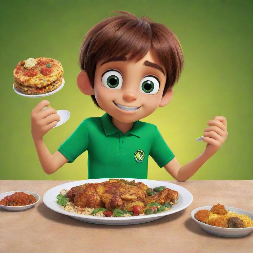 An animated, vivid scene of cartoon character Ben 10 delightfully eating a scrumptious plate of Zereshk Polo with chicken, an Iranian dish