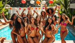 A dynamic and vibrant party scene featuring a diverse group of confident, fully naked women of various ethnicities enjoying themselves at a lavish pool side