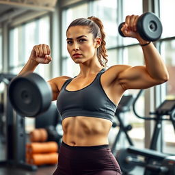 A determined woman performing an intense workout in a modern gym, showcasing her strength and resilience