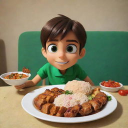 An animated, vivid scene of cartoon character Ben 10 delightfully eating a scrumptious plate of Zereshk Polo with chicken, an Iranian dish