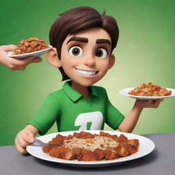 An animated, vivid scene of cartoon character Ben 10 delightfully eating a scrumptious plate of Zereshk Polo with chicken, an Iranian dish