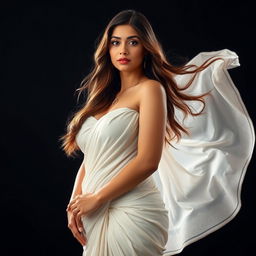 A beautiful woman with massive breasts wearing a flowing white saree, elegantly draped with detailed patterns