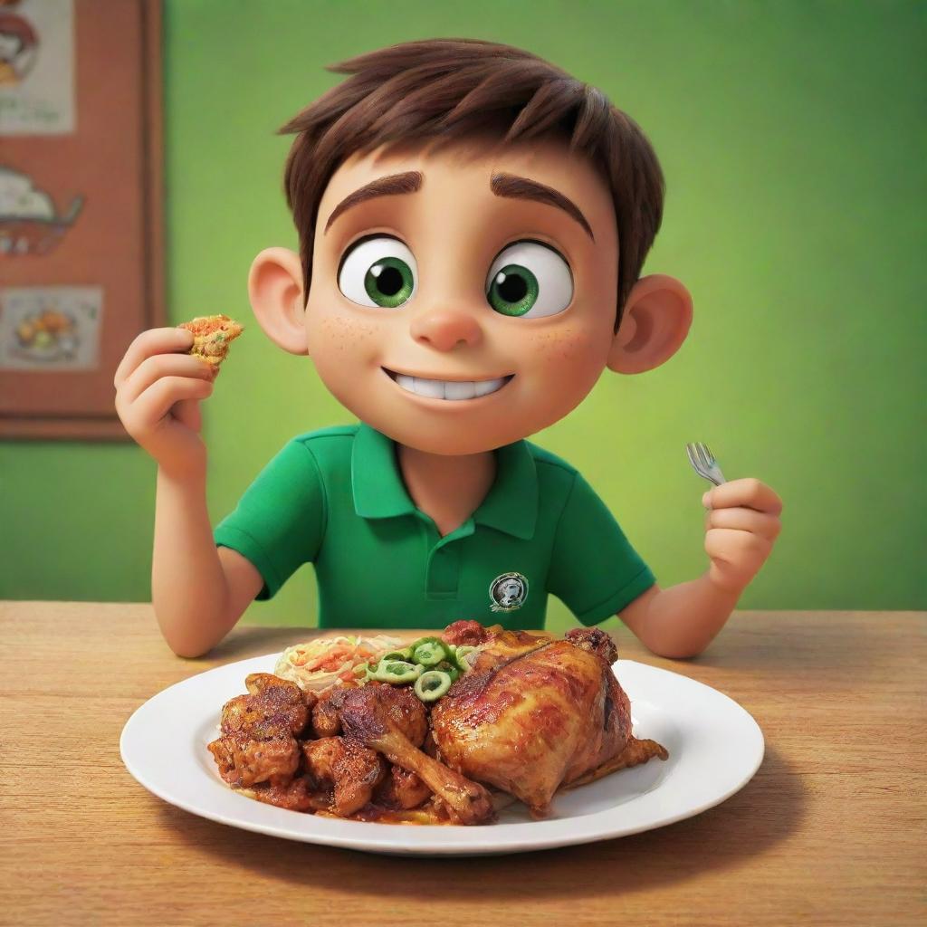 An animated, vivid scene of cartoon character Ben 10 delightfully eating a scrumptious plate of Zereshk Polo with chicken, an Iranian dish