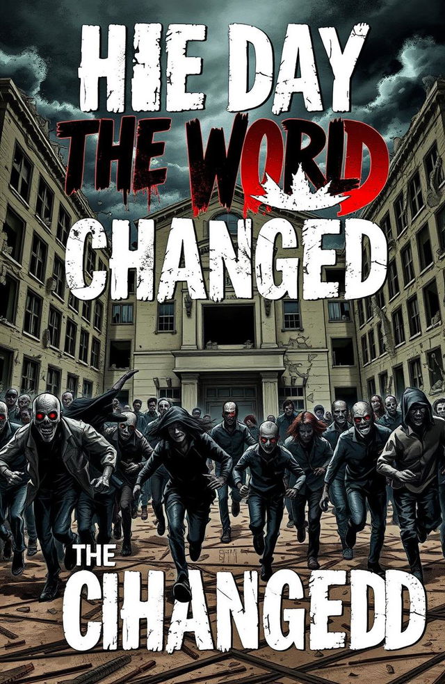 A dramatic manga cover for a zombie apocalypse book titled 'The Day The World Changed'