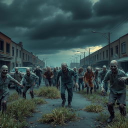 A thrilling zombie apocalypse scene in a deserted city street, overgrown with weeds and debris