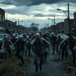 A thrilling zombie apocalypse scene in a deserted city street, overgrown with weeds and debris