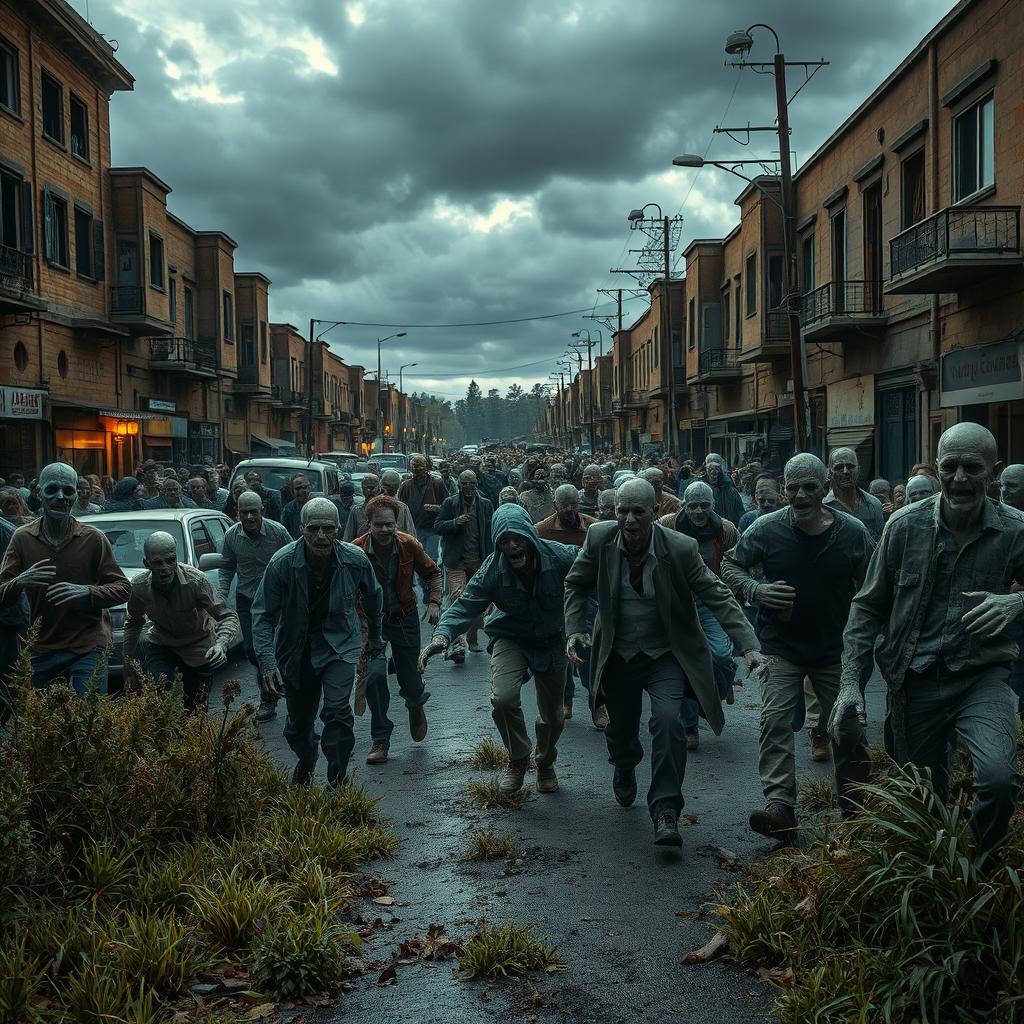 A thrilling zombie apocalypse scene in a deserted city street, overgrown with weeds and debris