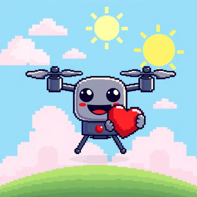 A small pixel art drone designed with a happy expression, featuring a cute smiling face and big round eyes