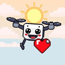 A small pixel art drone designed with a happy expression, featuring a cute smiling face and big round eyes