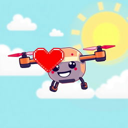 A small pixel art drone designed with a happy expression, featuring a cute smiling face and big round eyes