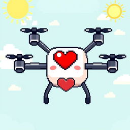 A small pixel art drone designed with a happy expression, featuring a cute smiling face and big round eyes