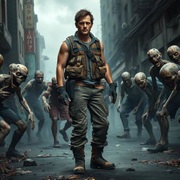 A vivid and dynamic scene depicting a lone human standing confidently amidst a horde of zombies in an urban environment