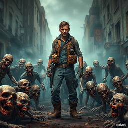 A vivid and dynamic scene depicting a lone human standing confidently amidst a horde of zombies in an urban environment