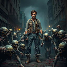 A vivid and dynamic scene depicting a lone human standing confidently amidst a horde of zombies in an urban environment